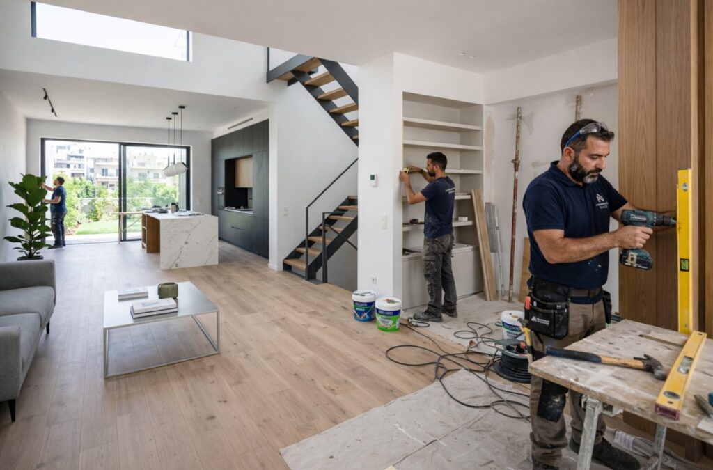 Σύγχρονος ανοιχτός χώρος κατοικίας σε διαδικασία ανακαίνισης, με φυσικό φωτισμό, ξύλινο δάπεδο και κουζίνα με νησίδα, ενώ τεχνίτες εργάζονται σε ντουλάπια και εγκαταστάσεις στο εσωτερικό.